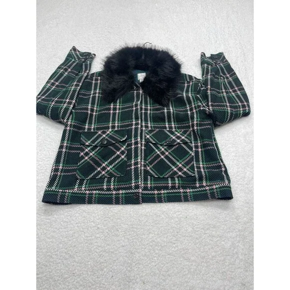 Anthropologie Maeve Collar Coat Women Green Plaid Crop Faux Fur Retro Large NWT